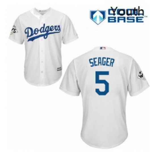 Youth Majestic Los Angeles Dodgers 5 Corey Seager Authentic White Home 2017 World Series Bound Cool Base MLB Jersey